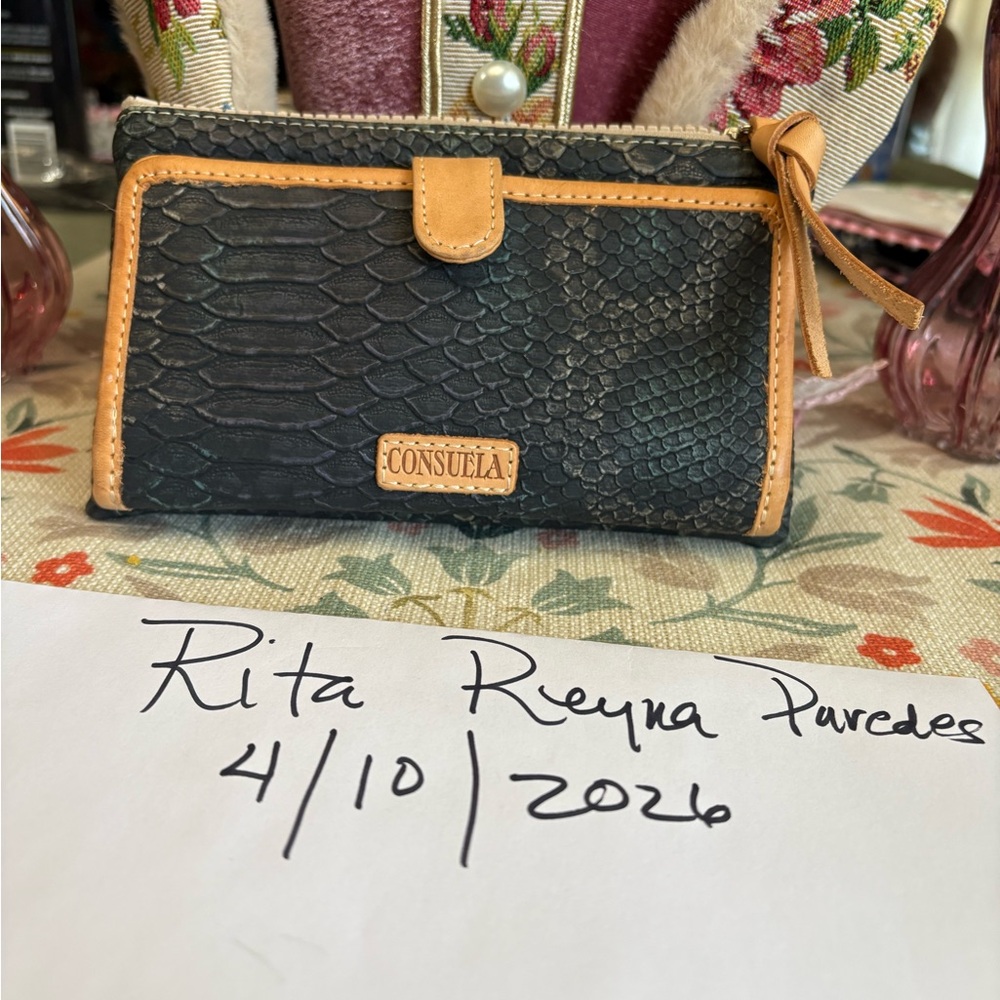 Consuela Black Textured Wallet with Tan Trim